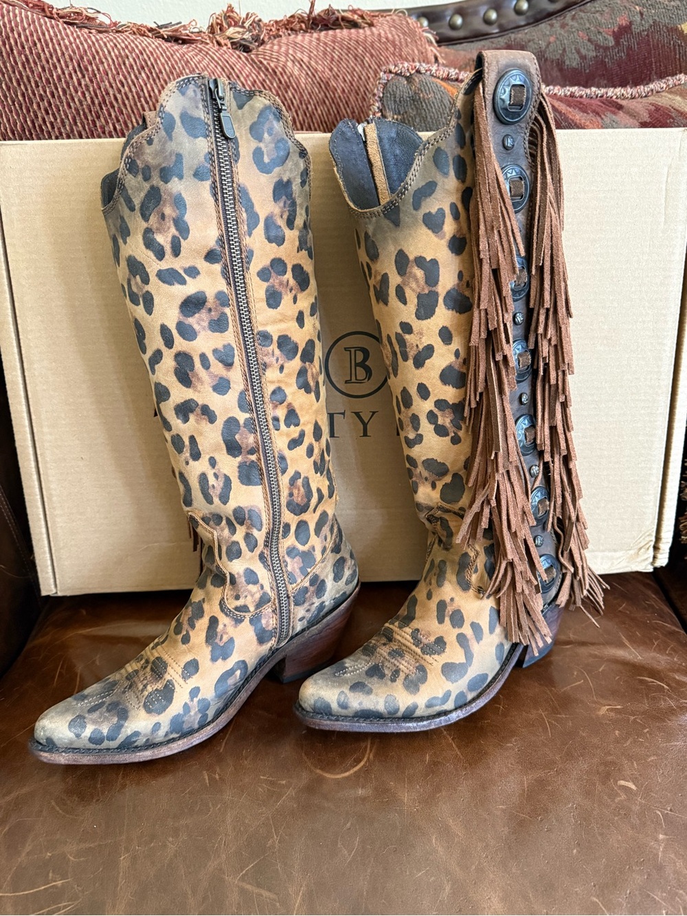 LIBERTY Black Ophelia Leopard Print Fringe Tall Boots - Brown
